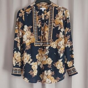 Charter Club Black And Gold Partial Button Blouse Floral And Houndstooth Petite